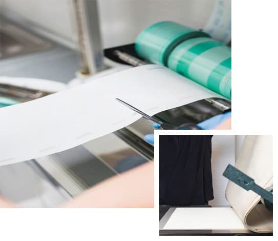 Film and paper moving through a lamination application